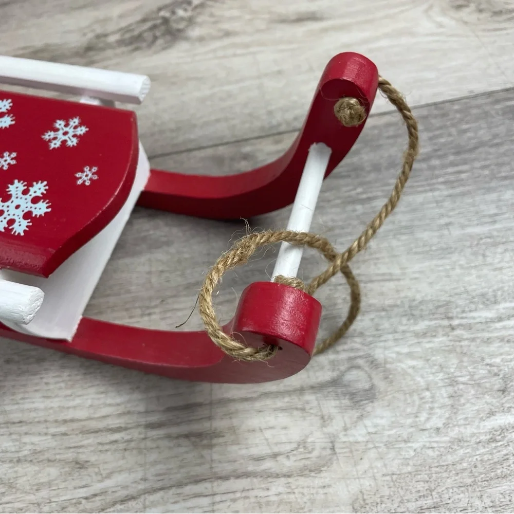 Christmas Wooden Sleigh Red White With Snowflakes Decor 1 Foot Long